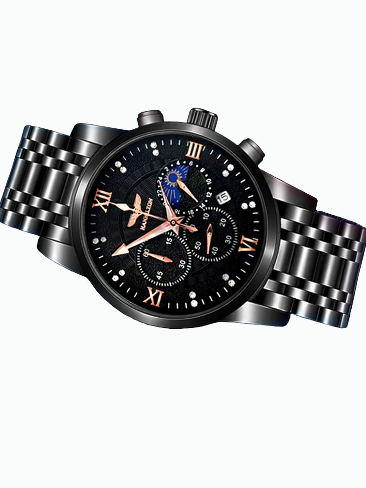 Men's Quartz Movement Steel Luminous Sun Moon Multi-Functional Minimalist Waterproof Watch