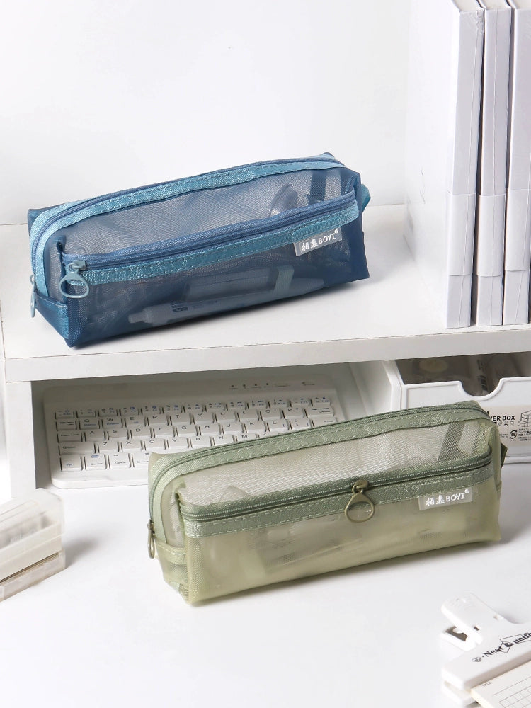 Pure Color Transparent Double-Layer Mesh Large Capacity Simple Pencil Case Bag