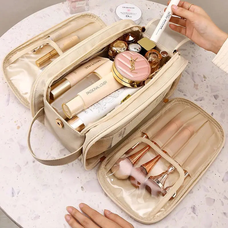 Multifunctional Leather Large Capacity Portable Double Zipper Travel Makeup Brush Bag