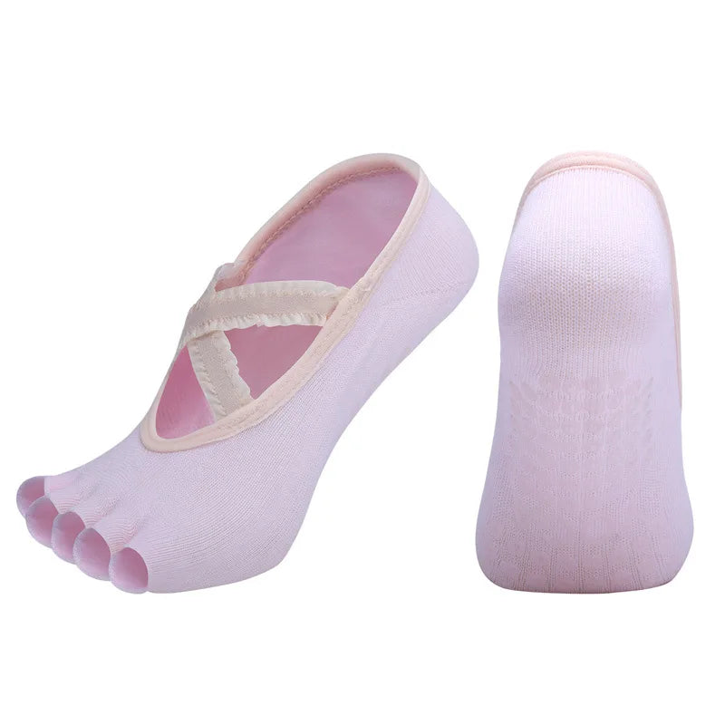 Five Finger Yoga Socks Lace Cross Strap Bandage Non Slip Gym Workout Pilates Ballet Dance Cotton Split Toe Grip Floor Socks