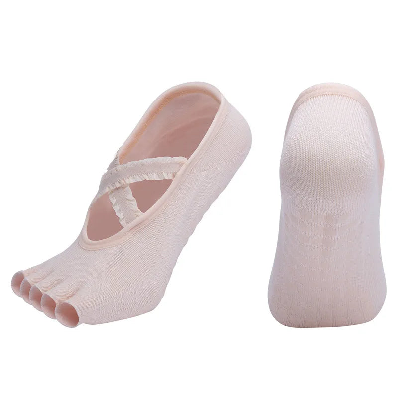 Five Finger Yoga Socks Lace Cross Strap Bandage Non Slip Gym Workout Pilates Ballet Dance Cotton Split Toe Grip Floor Socks