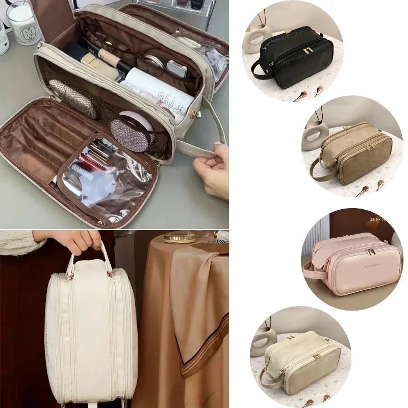 Multifunctional Leather Large Capacity Portable Double Zipper Travel Makeup Brush Bag