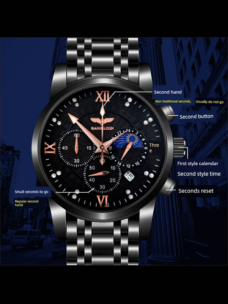 Men's Quartz Movement Steel Luminous Sun Moon Multi-Functional Minimalist Waterproof Watch