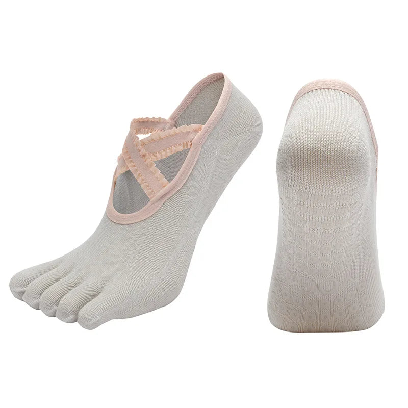 Five Finger Yoga Socks Lace Cross Strap Bandage Non Slip Gym Workout Pilates Ballet Dance Cotton Split Toe Grip Floor Socks