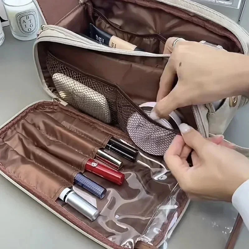 Multifunctional Leather Large Capacity Portable Double Zipper Travel Makeup Brush Bag