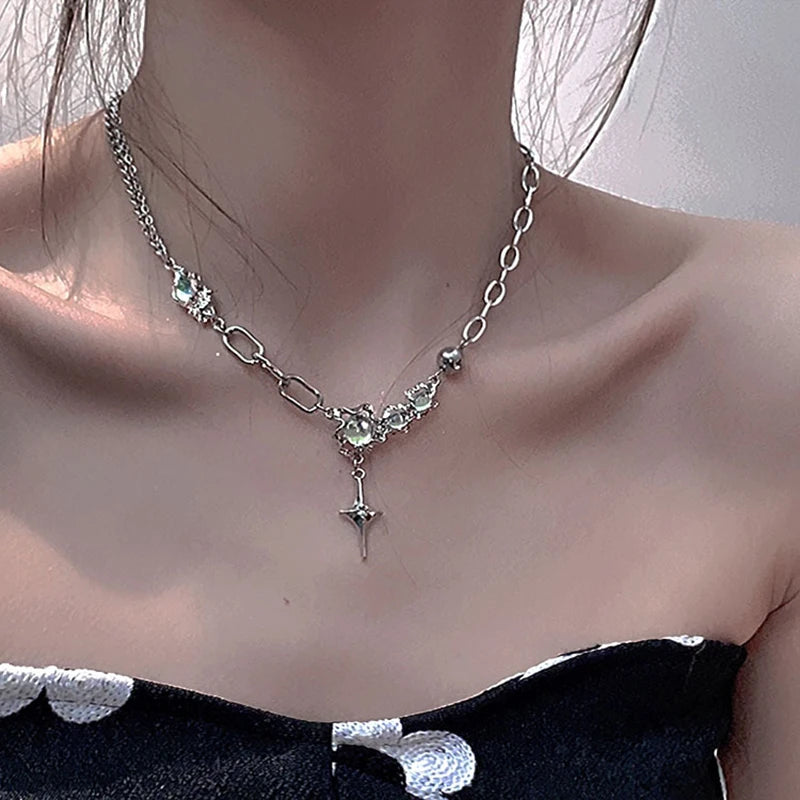 Moonstone Crystal Star Cross Pendant Chain Necklace