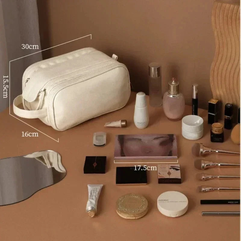 Multifunctional Leather Large Capacity Portable Double Zipper Travel Makeup Brush Bag