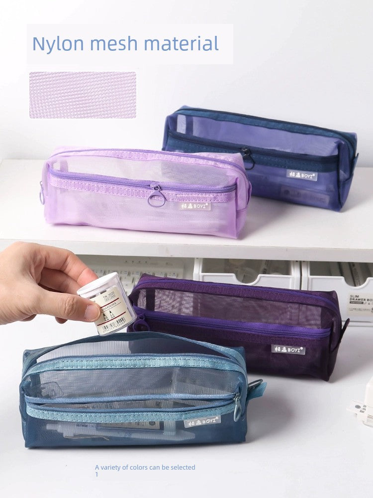 Pure Color Transparent Double-Layer Mesh Large Capacity Simple Pencil Case Bag