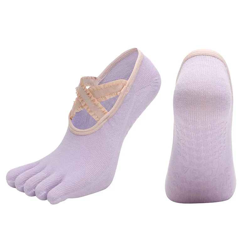 Five Finger Yoga Socks Lace Cross Strap Bandage Non Slip Gym Workout Pilates Ballet Dance Cotton Split Toe Grip Floor Socks