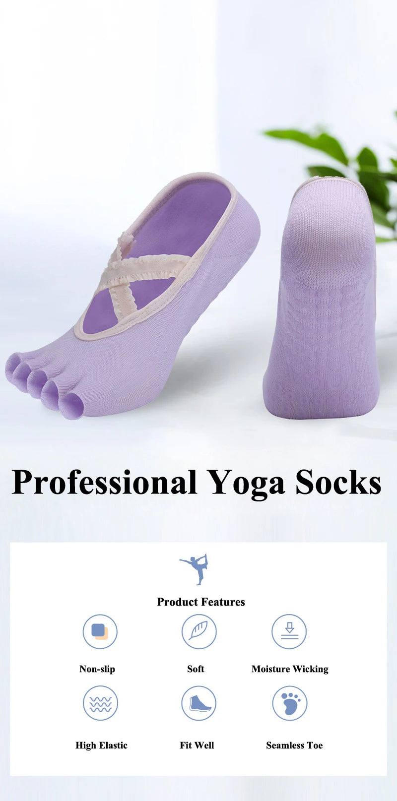 Five Finger Yoga Socks Lace Cross Strap Bandage Non Slip Gym Workout Pilates Ballet Dance Cotton Split Toe Grip Floor Socks