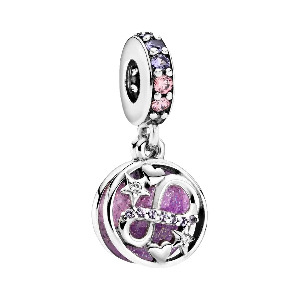 Purple Bead Flower Sterling Silver 925 Charm - Fits Original Pandora Brand Bracelet