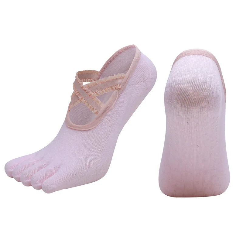 Five Finger Yoga Socks Lace Cross Strap Bandage Non Slip Gym Workout Pilates Ballet Dance Cotton Split Toe Grip Floor Socks