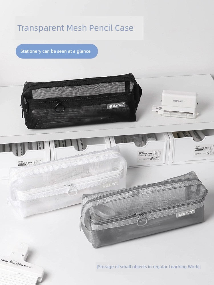 Pure Color Transparent Double-Layer Mesh Large Capacity Simple Pencil Case Bag