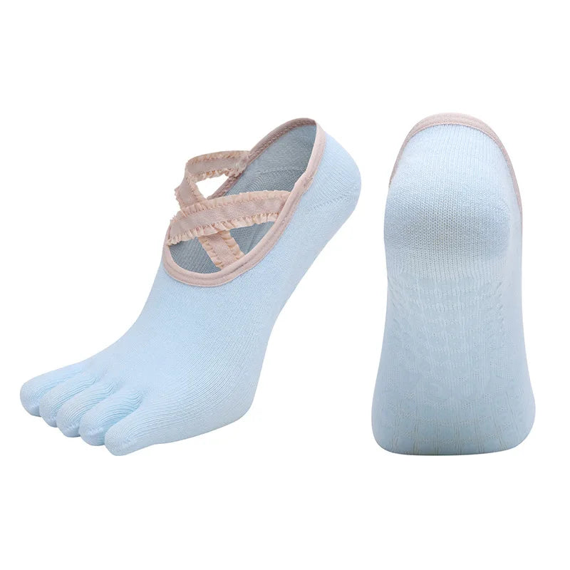 Five Finger Yoga Socks Lace Cross Strap Bandage Non Slip Gym Workout Pilates Ballet Dance Cotton Split Toe Grip Floor Socks