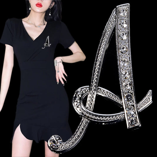 Luxury Women's Crystal Rhinestone Metal Glossy A-Z Letter Brooch Pin